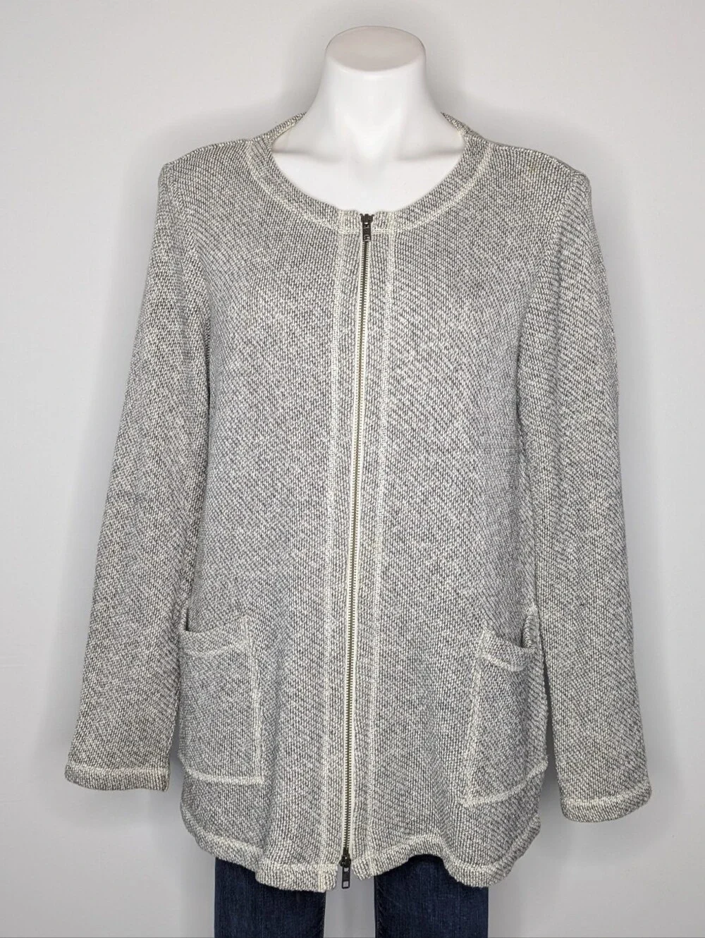 Eileen Fisher Grey Organic Cotton Long Sleeve Zip Up Sweater Cardigan Jacket M